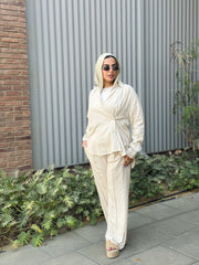 Button-Cinched Chemise & Tailored Pant Set-Light Beige