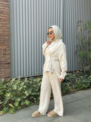 Button-Cinched Chemise & Tailored Pant Set-Light Beige