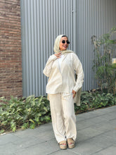 Button-Cinched Chemise & Tailored Pant Set-Light Beige