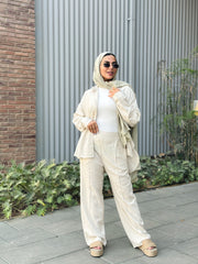 Button-Cinched Chemise & Tailored Pant Set-Light Beige