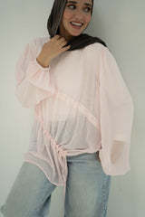 Ruched Sheer Blouse-Baby Pink