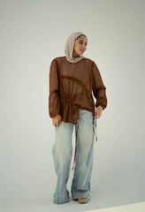 Ruched Sheer Blouse-Brown