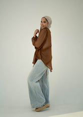 Ruched Sheer Blouse-Brown