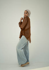 Ruched Sheer Blouse-Brown