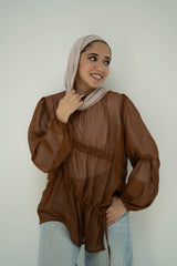 Ruched Sheer Blouse-Brown
