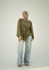 Ruched Sheer Blouse -Olive