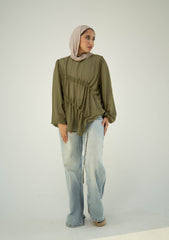 Ruched Sheer Blouse -Olive