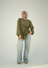 Ruched Sheer Blouse -Olive