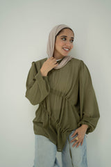 Ruched Sheer Blouse -Olive