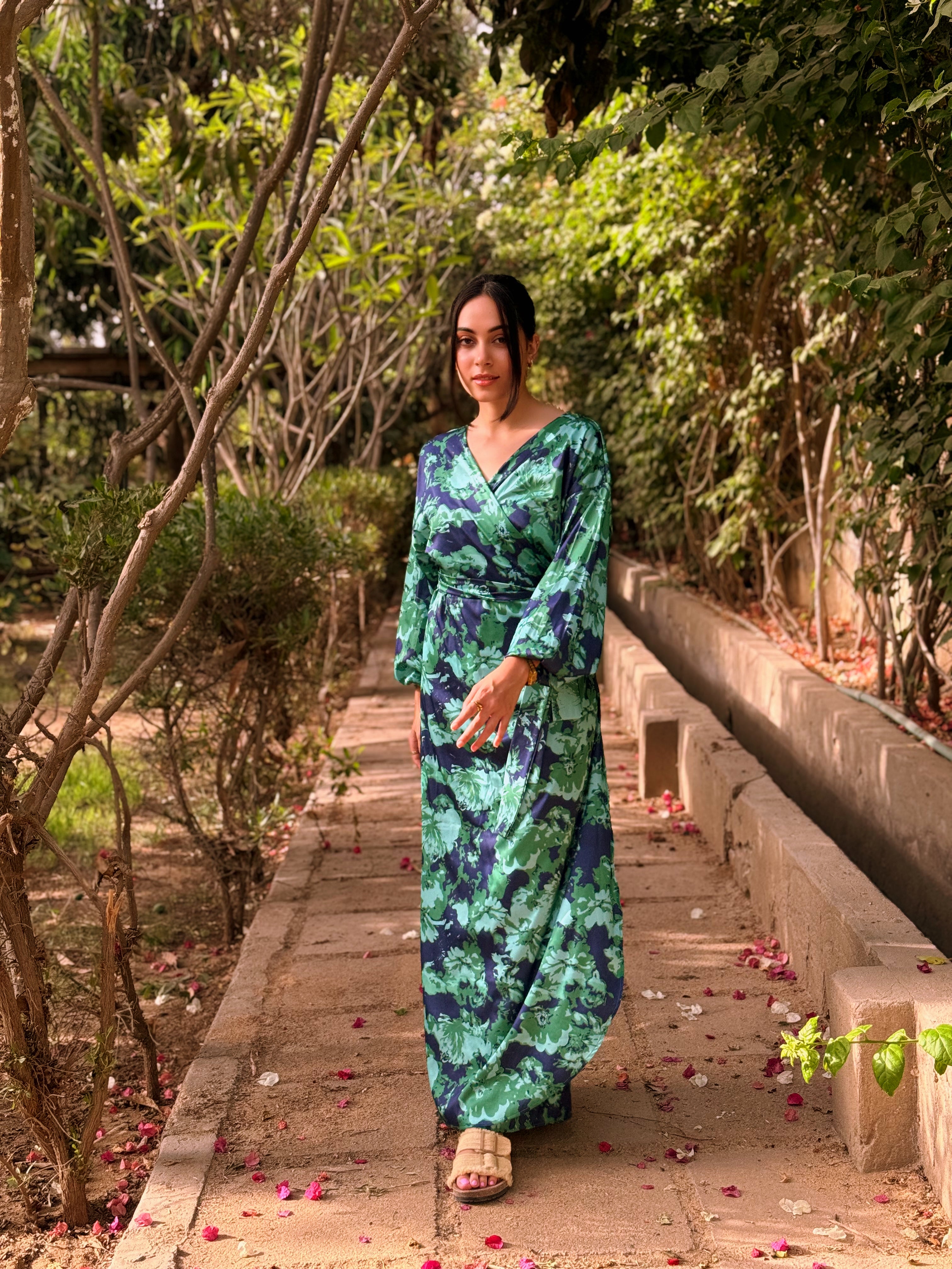 Blooming Flora Wrapped Dress  – Light Green X Dark Blue
