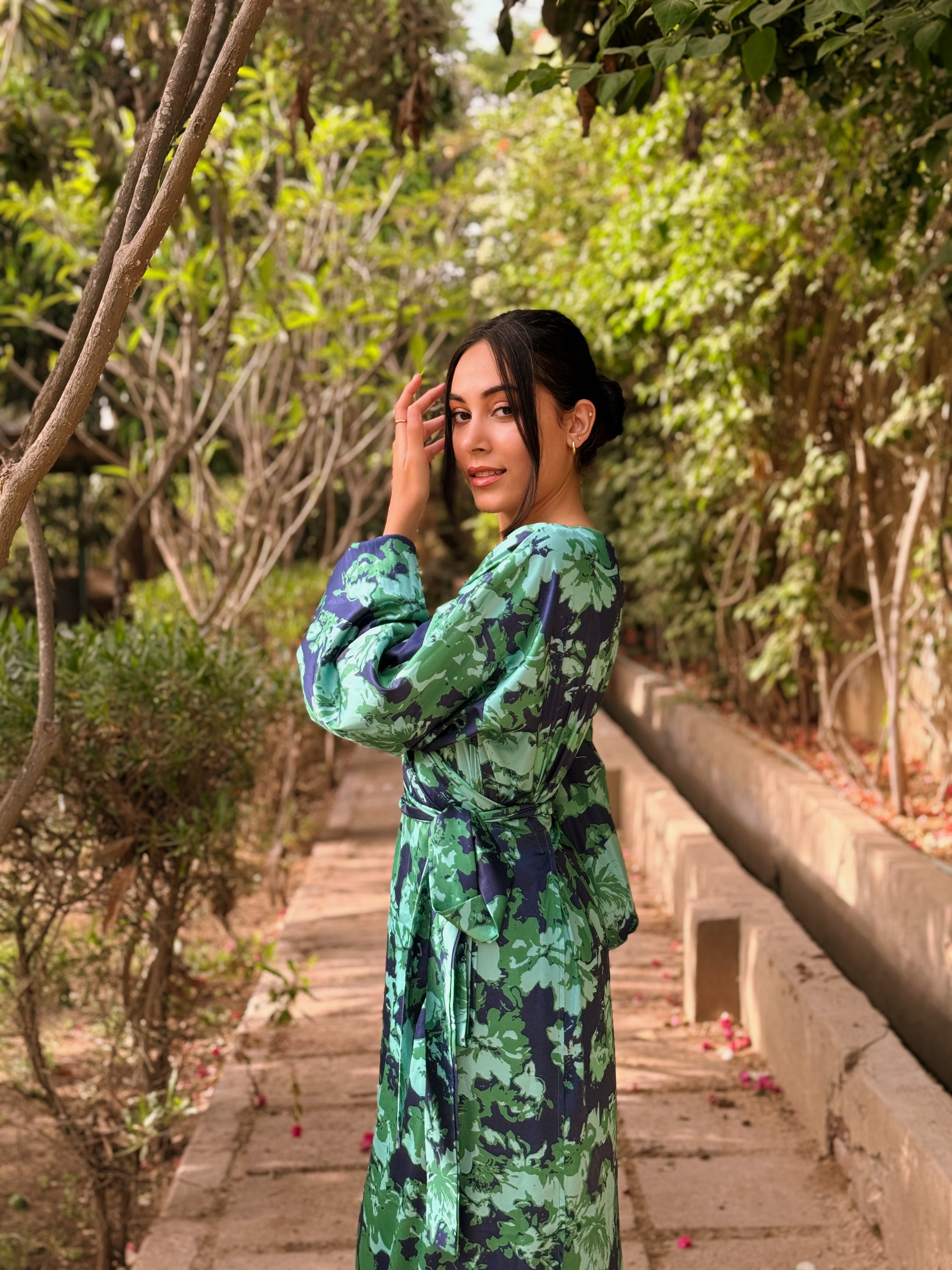Blooming Flora Wrapped Dress  – Light Green X Dark Blue