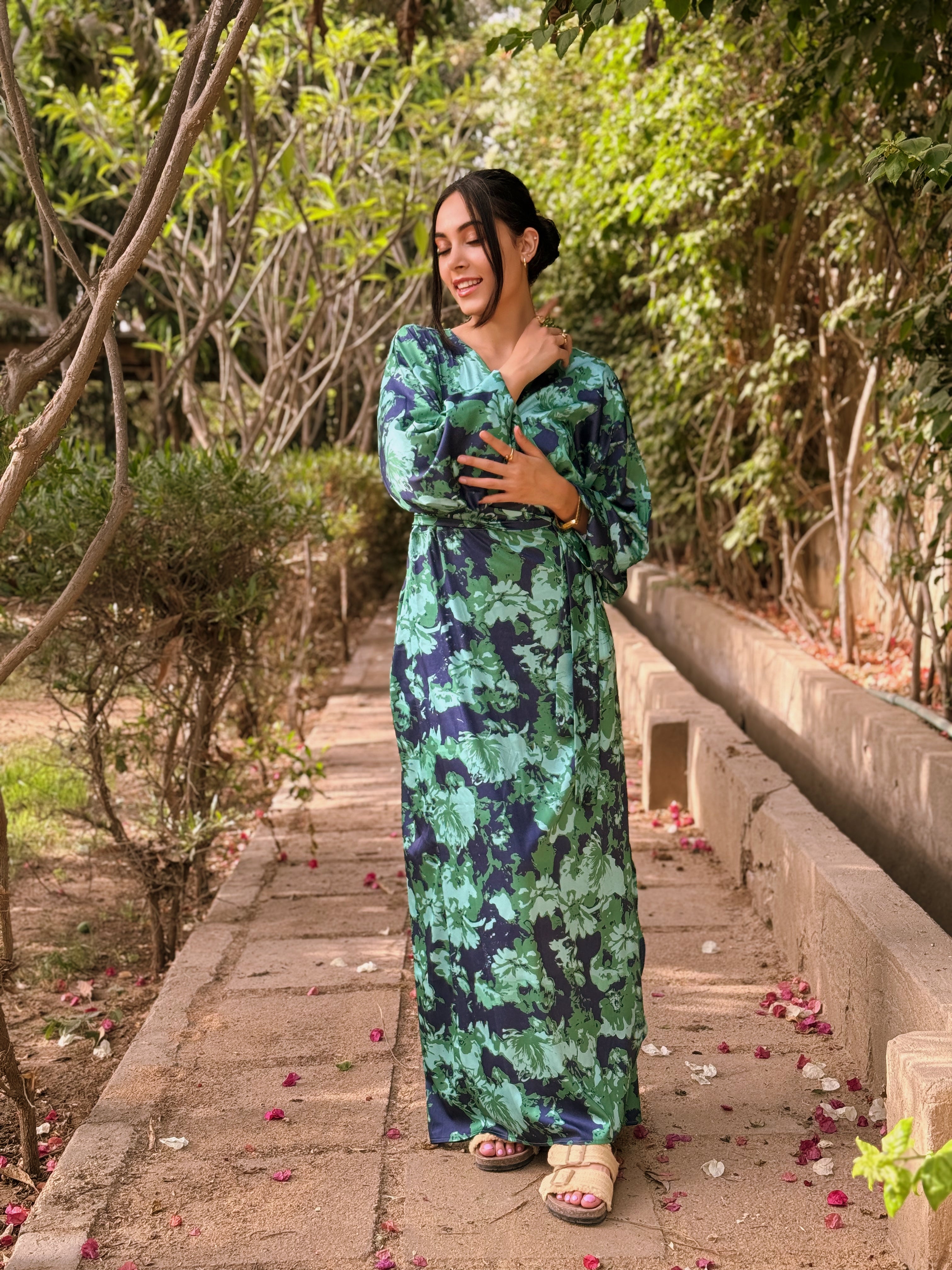 Blooming Flora Wrapped Dress  – Light Green X Dark Blue