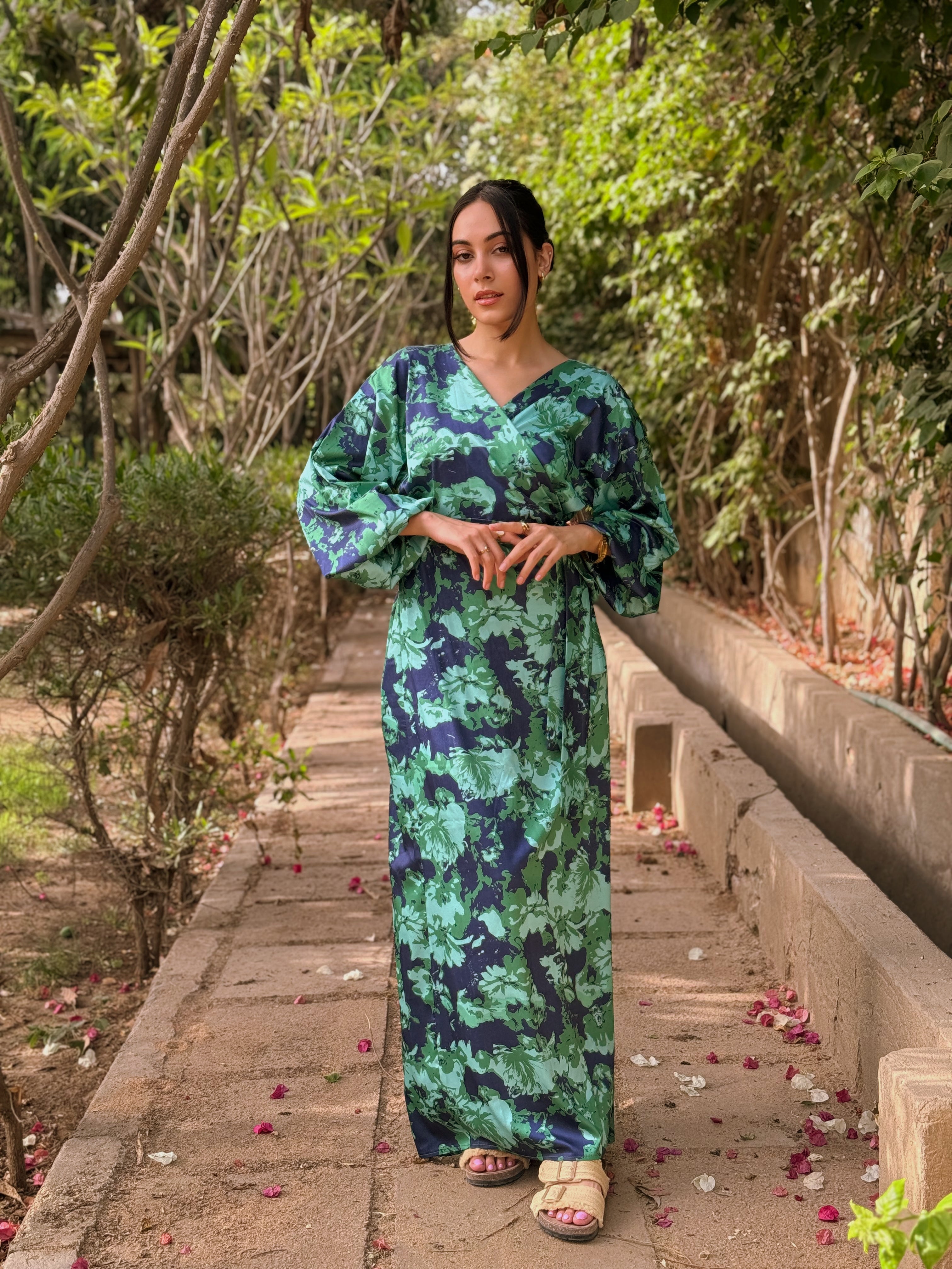 Blooming Flora Wrapped Dress  – Light Green X Dark Blue