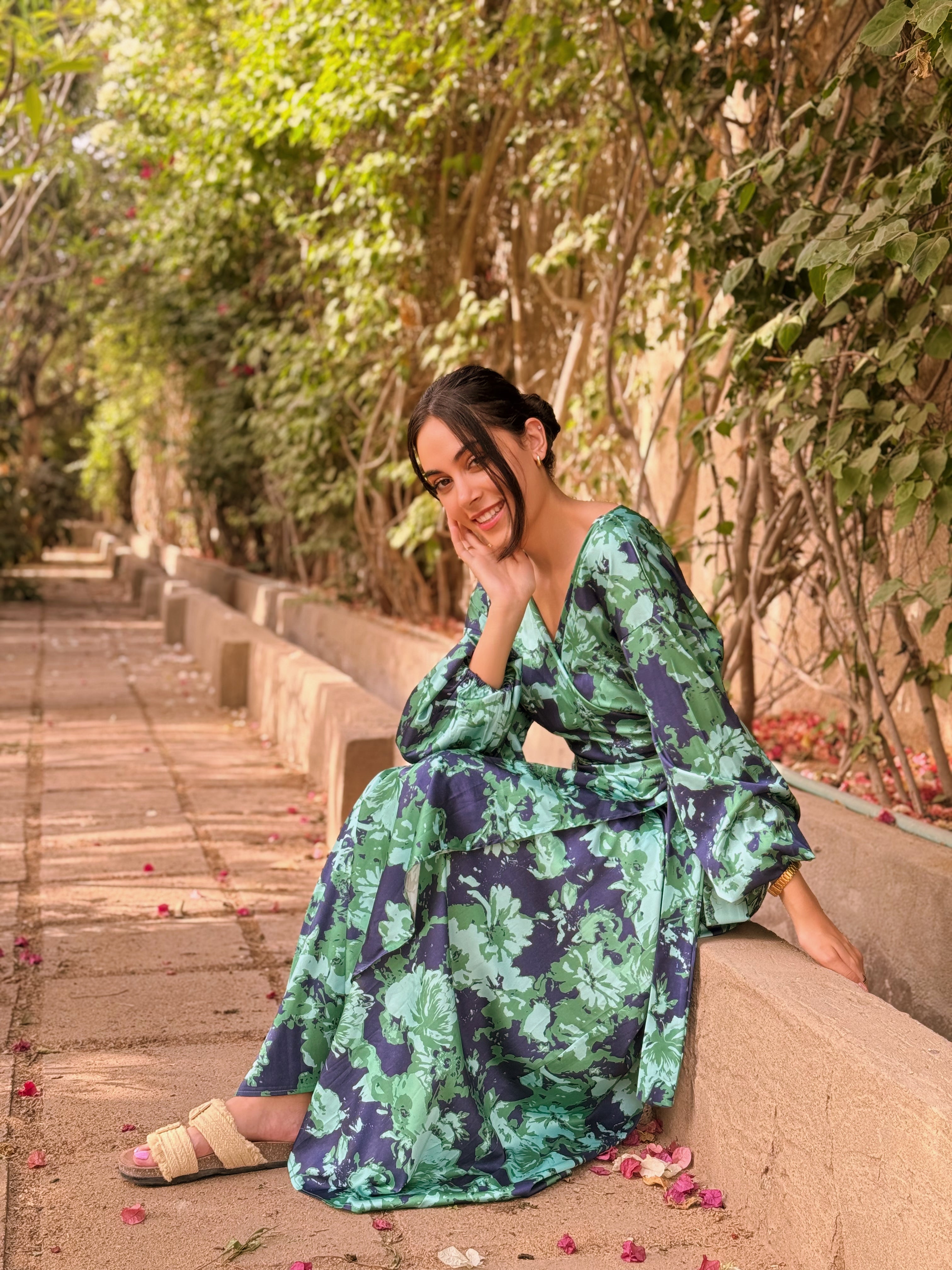 Blooming Flora Wrapped Dress  – Light Green X Dark Blue