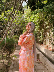 Blooming Flora Wrapped Dress –  Light Orange X Light Pink