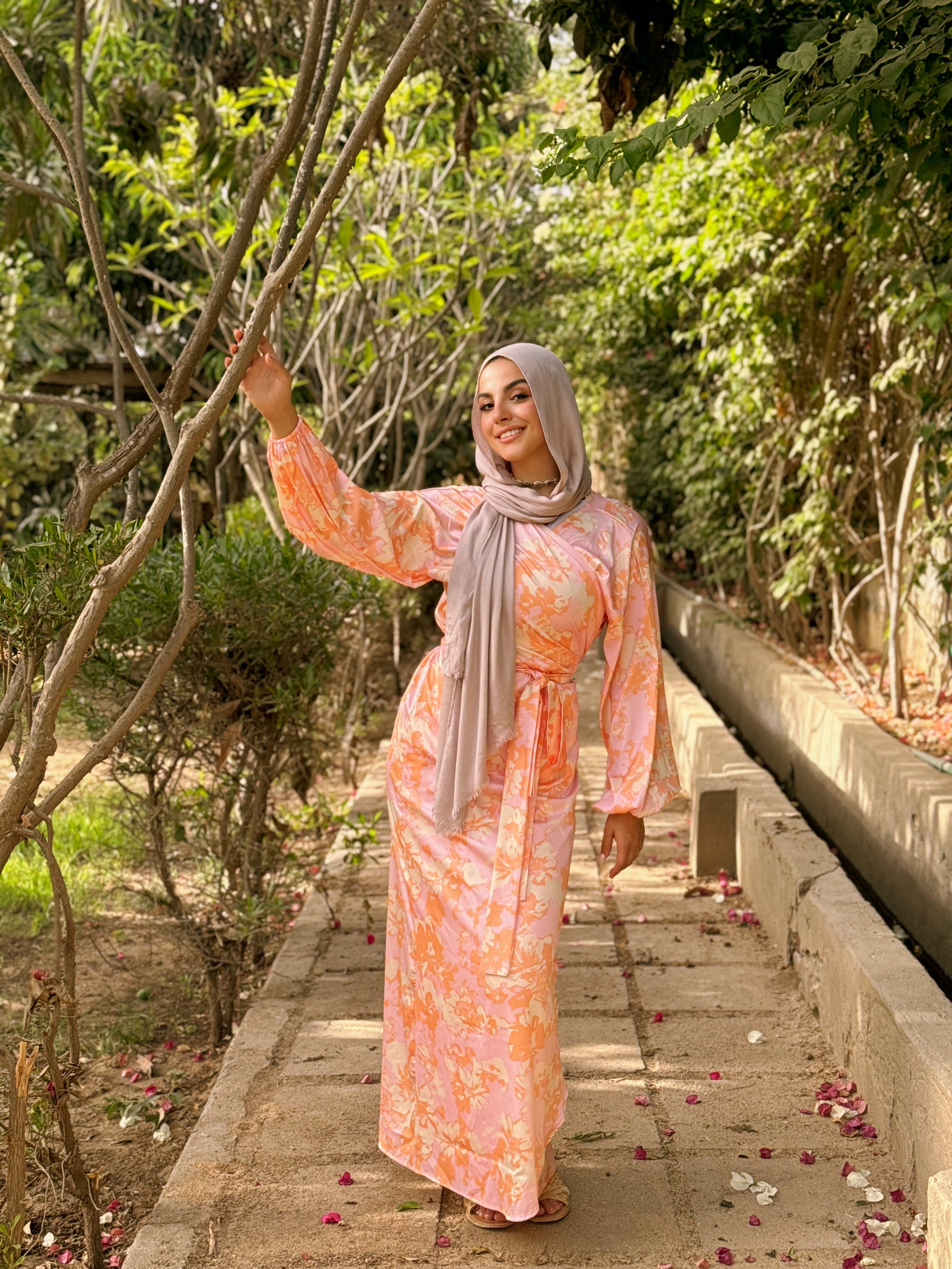 Blooming Flora Wrapped Dress –  Light Orange X Light Pink