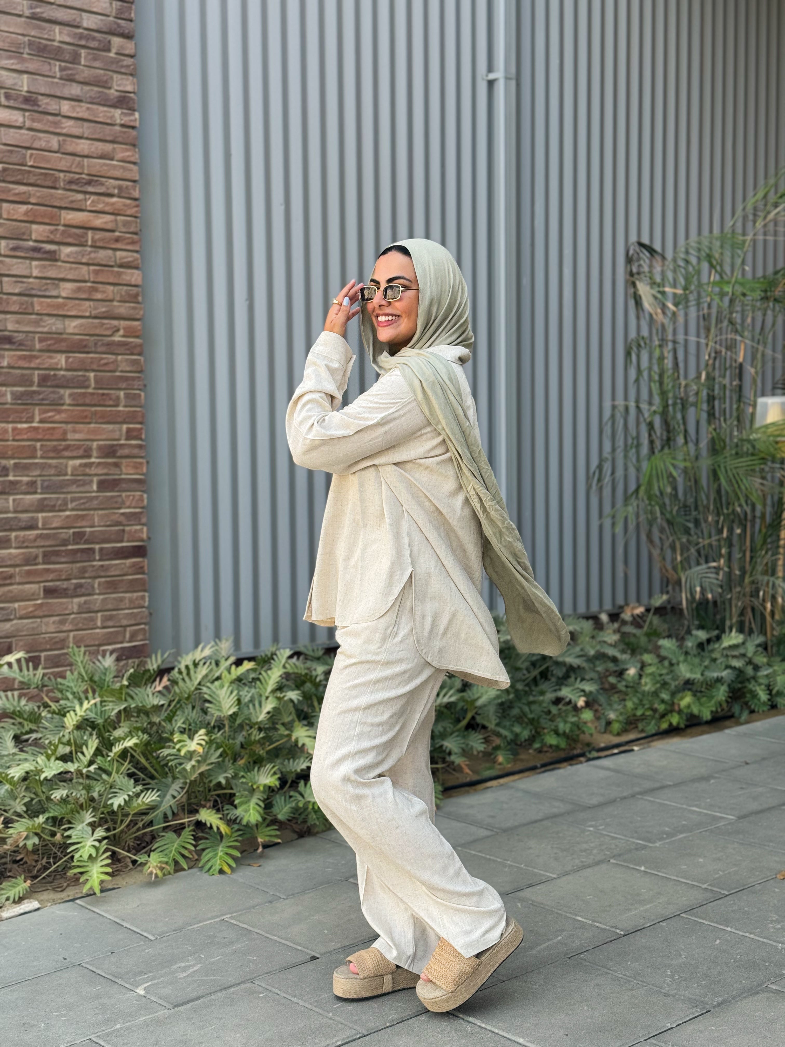 Button-Cinched Chemise & Tailored Pant Set-Light Beige