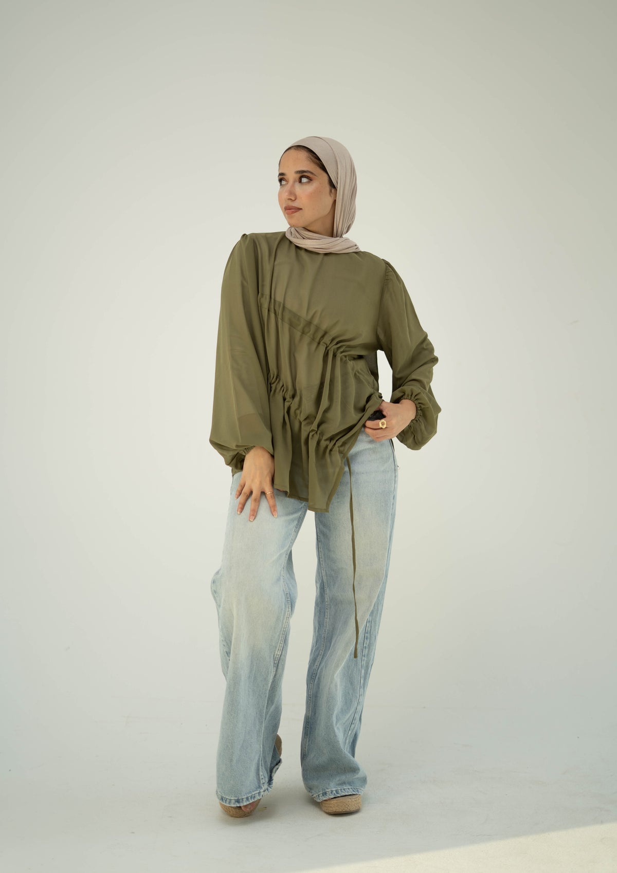 Ruched Sheer Blouse -Olive