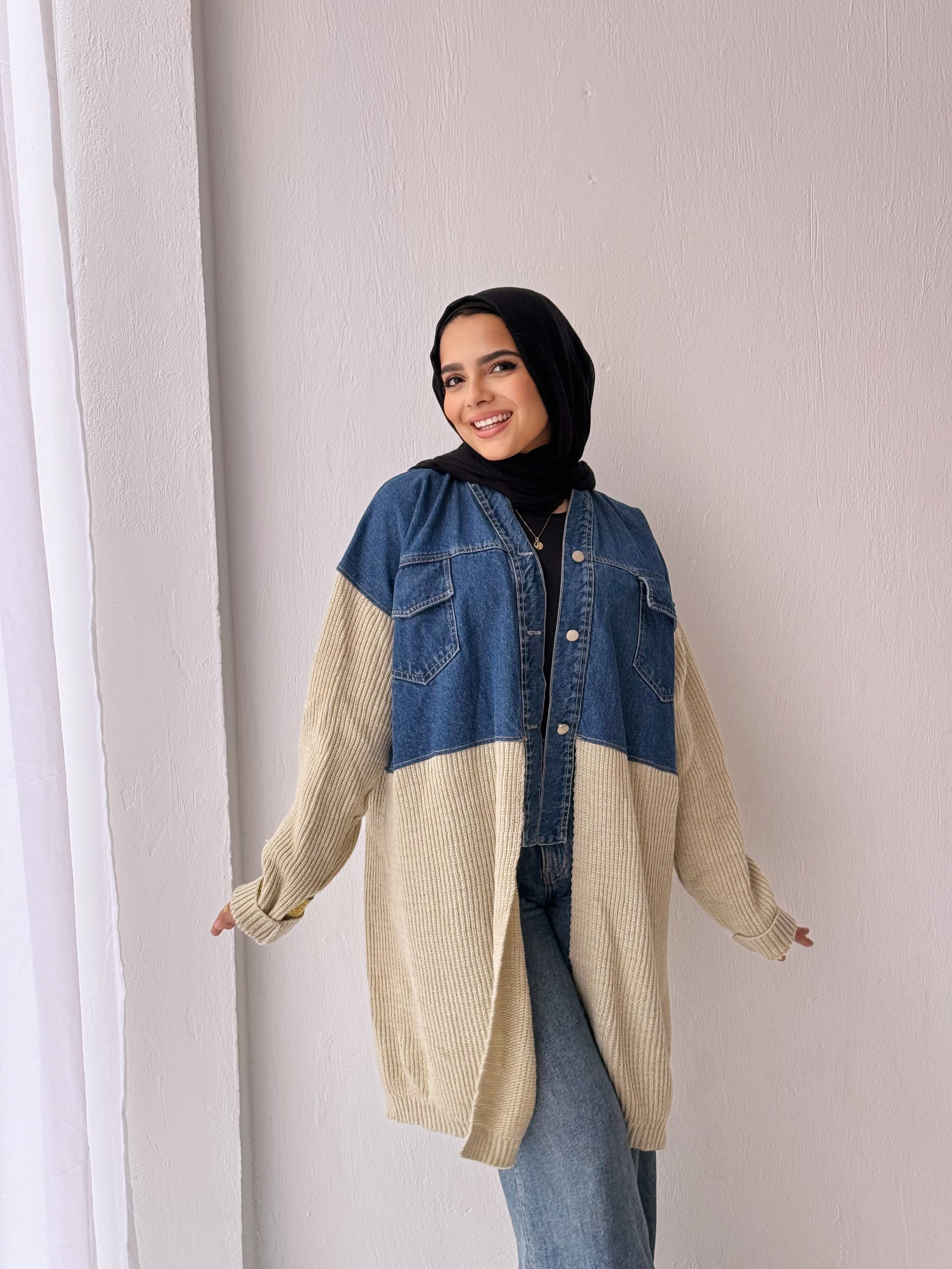 Knitted X Denim Jacket - Beige