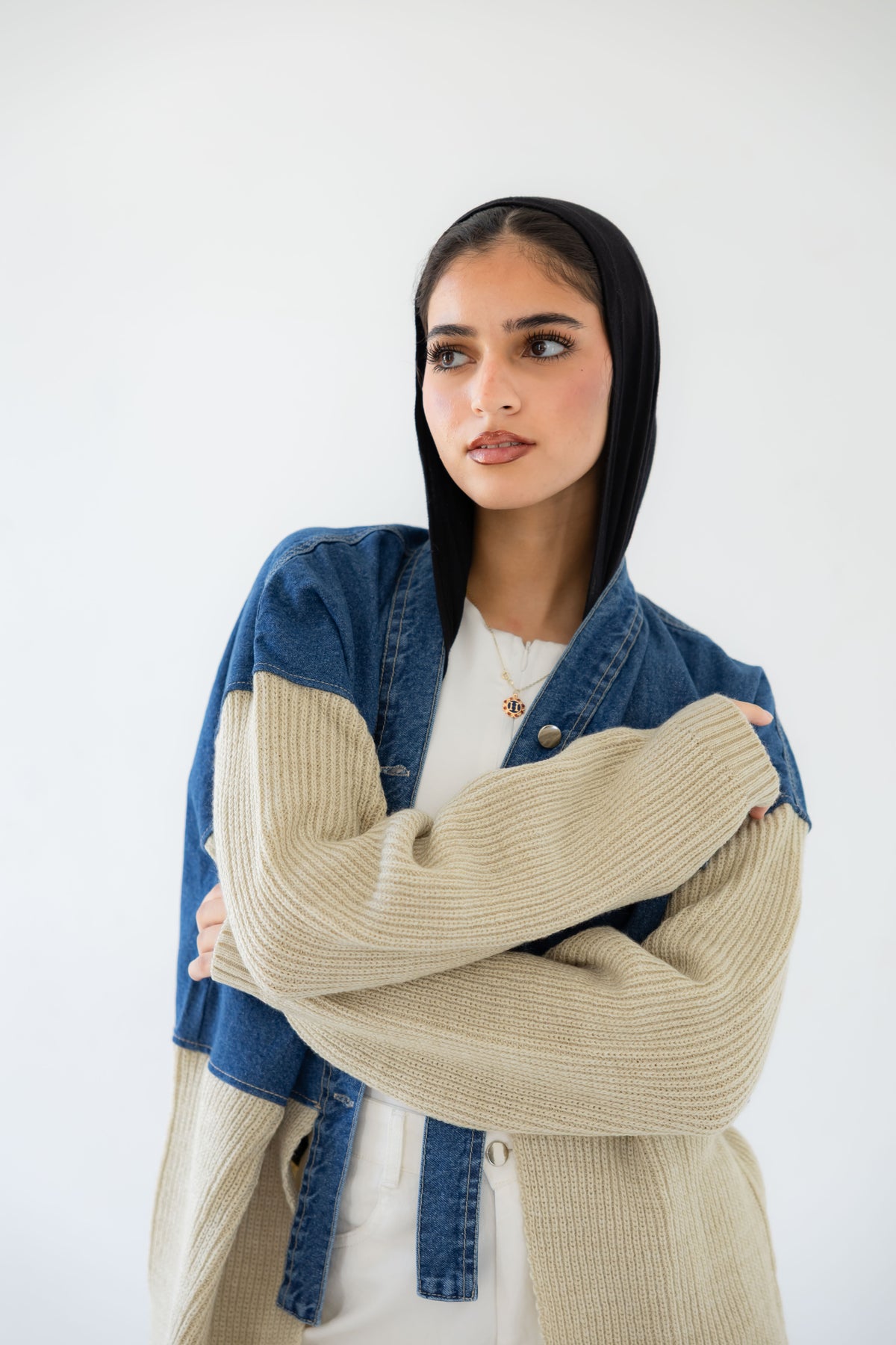 Knitted X Denim Jacket - Beige