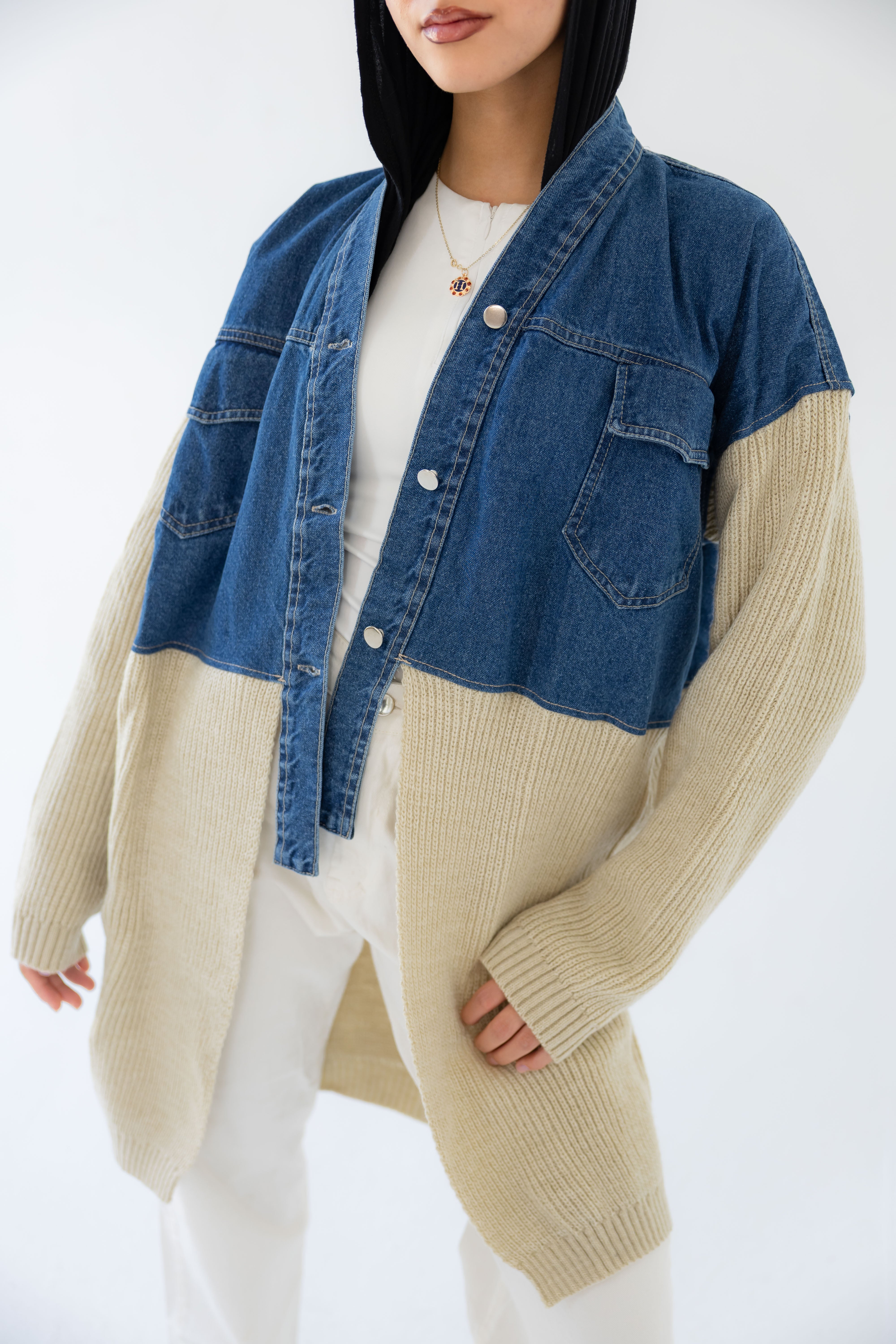 Knitted X Denim Jacket - Beige