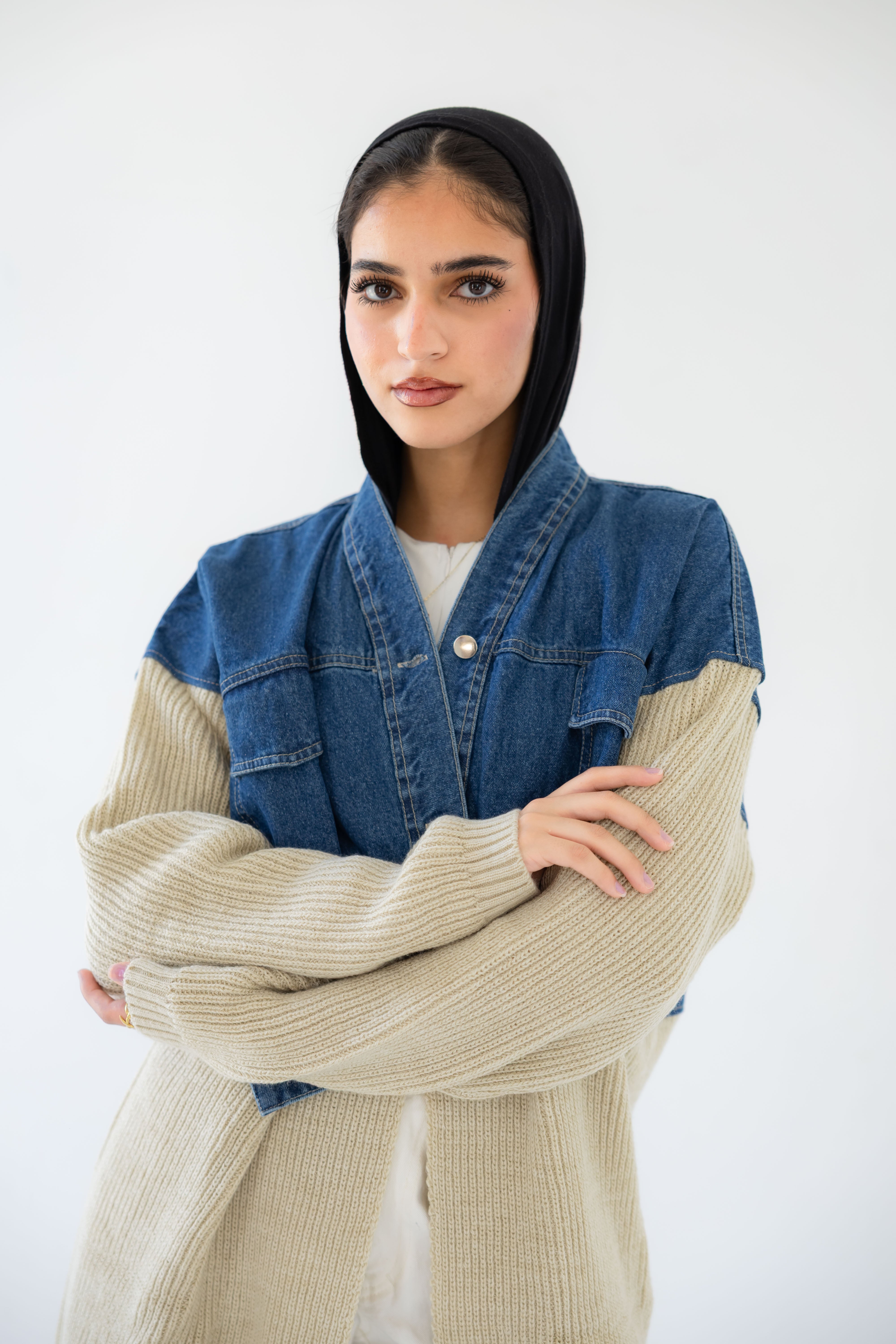 Knitted X Denim Jacket - Beige